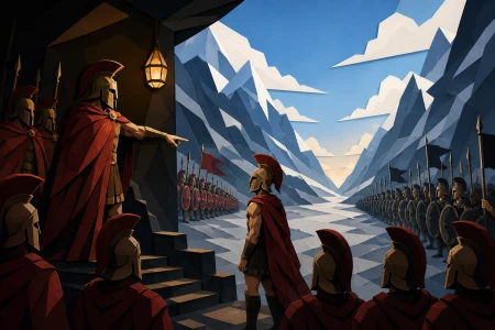 A warrior captain choosing a champion before a citywide athletic contest, after a costly campaign when the city must decide what victory means. Wide mountain-pass tableau separatin