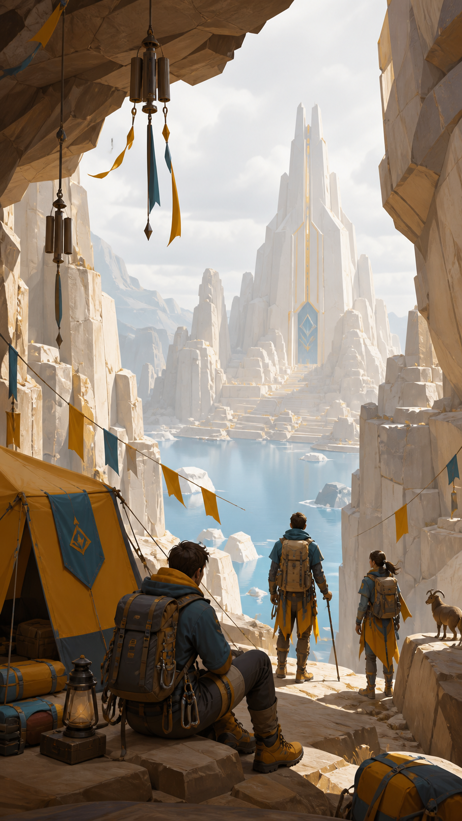 Adult climbers crossing a mineral canyon that softly rings in the wind, at the first unobstructed view of the expedition's destination. Medium camp scene opening onto a monumental distant view. Saffron, peacock blue, dar