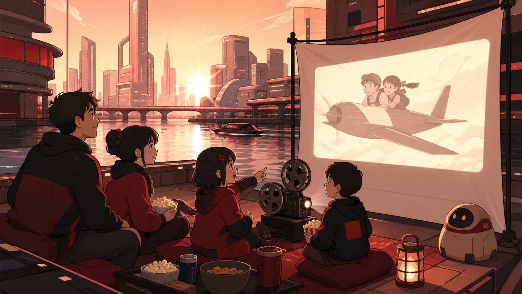 A family watching an old analog film beside a future city canal, as old and new entertainment traditions overlap naturally. Wide social scene balancing the activity with the futuristic skyline. Crimson, black cherry, mut