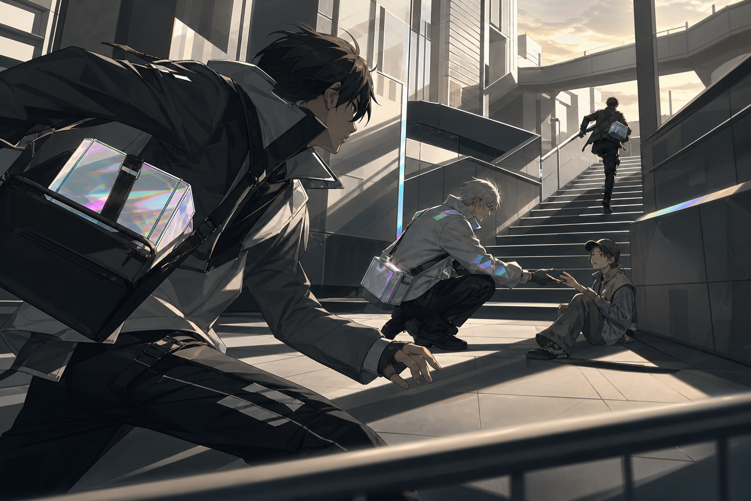 Two couriers competing to deliver the same mysterious package first, at the moment the pursued character unexpectedly stops to help someone. Dynamic foreground pass with the next obstacle clearly framed beyond. Monochrom