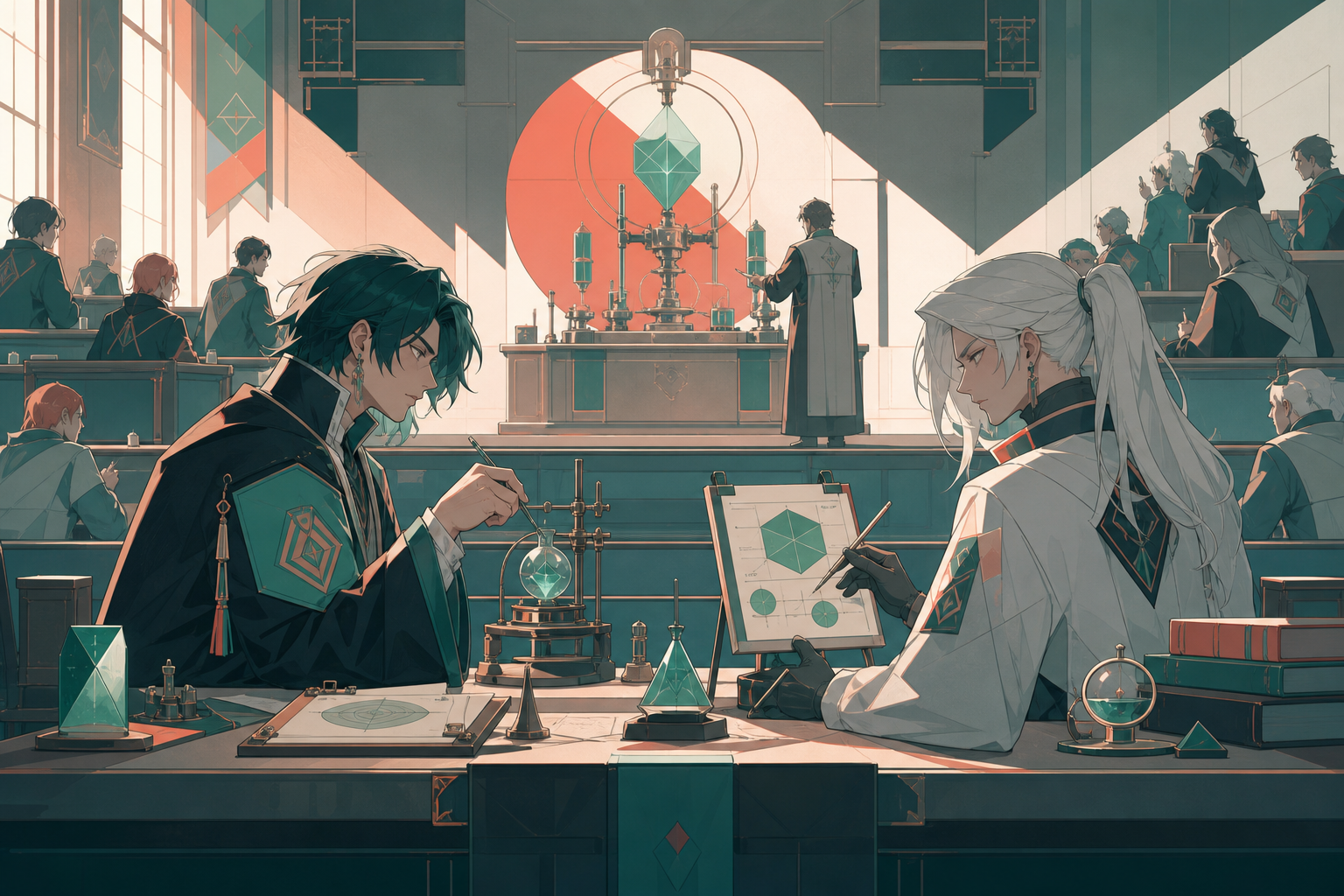 Two adult rivals sharing the last desk in an overbooked alchemy laboratory, late in the semester when the campus feels both busy and familiar. Wide classroom tableau centered on one demonstration. Sea-glass green, faded 