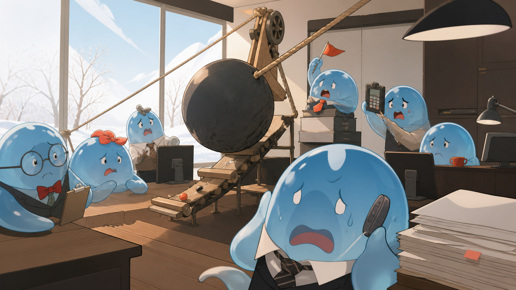 An office staffed by anxious slimes trying to meet an impossible deadline, caught immediately before their elaborate plan obviously fails. Wide action frame centered on one beautifully timed harmless catastrophe. Amber, 