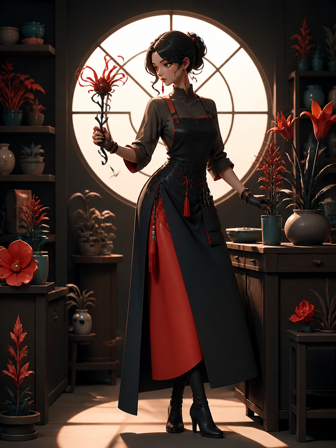 An adult woman florist who quietly cultivates supernatural plants, captured during one unguarded moment in their workplace. Confident full-body editorial portrait with a strong graphic silhouette. Vermillion, charcoal, w