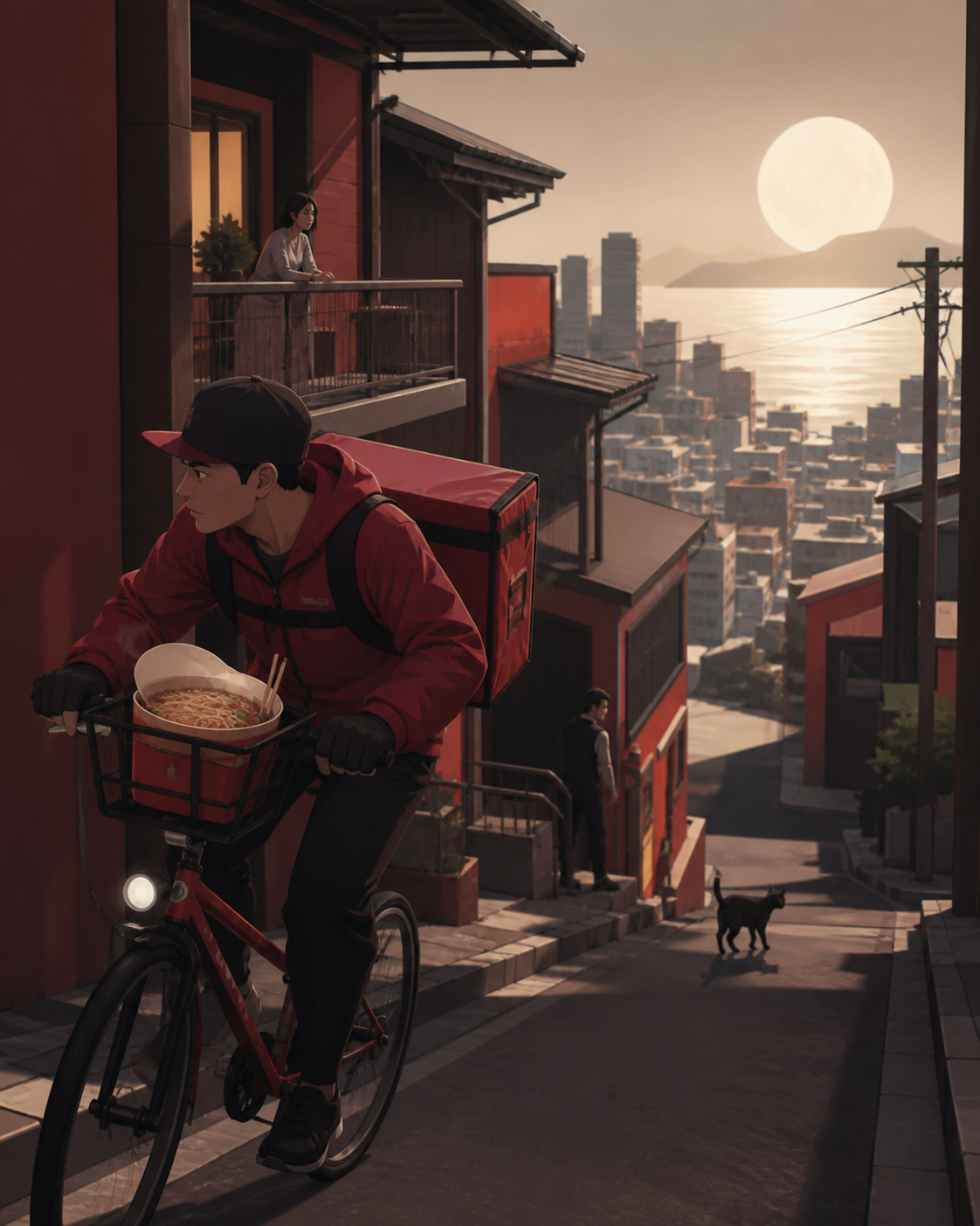 A bicycle courier delivering hot noodles through a steep hillside city, during a quiet weekday hour when the city briefly feels private. Observational street-level frame with foreground movement and a clear focal story. 