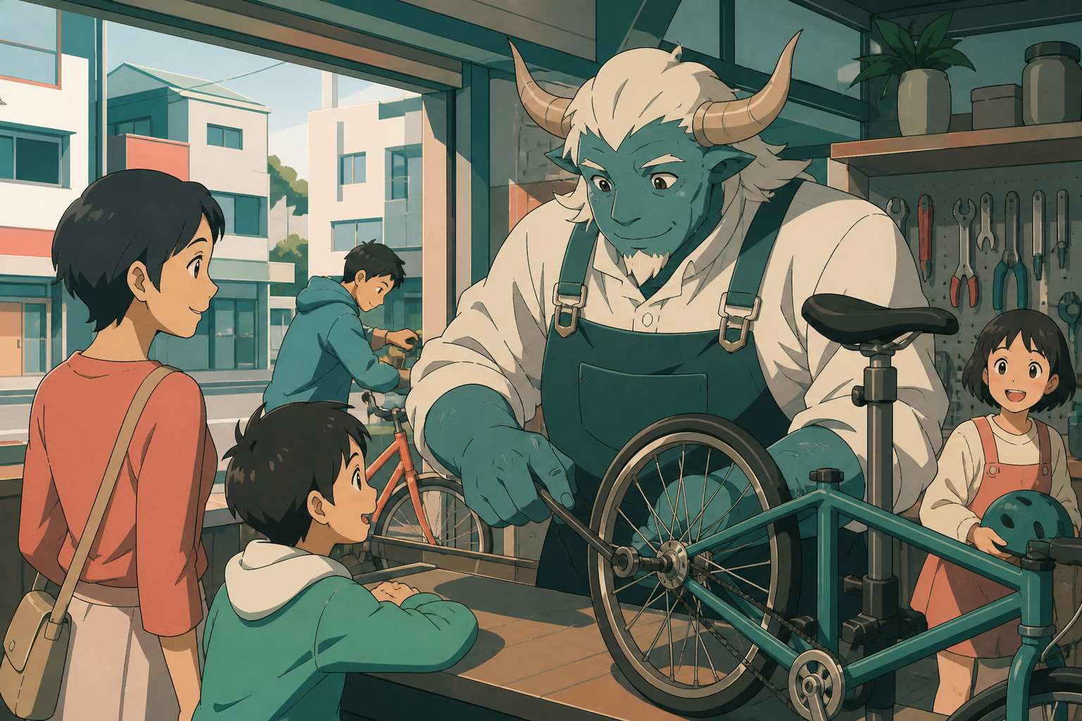 A gentle horned mechanic repairing bicycles for neighborhood families, during ordinary community life centered on kindness and humor. Intimate counter or workshop interaction focused on helpful hands. Sea-glass green, fa