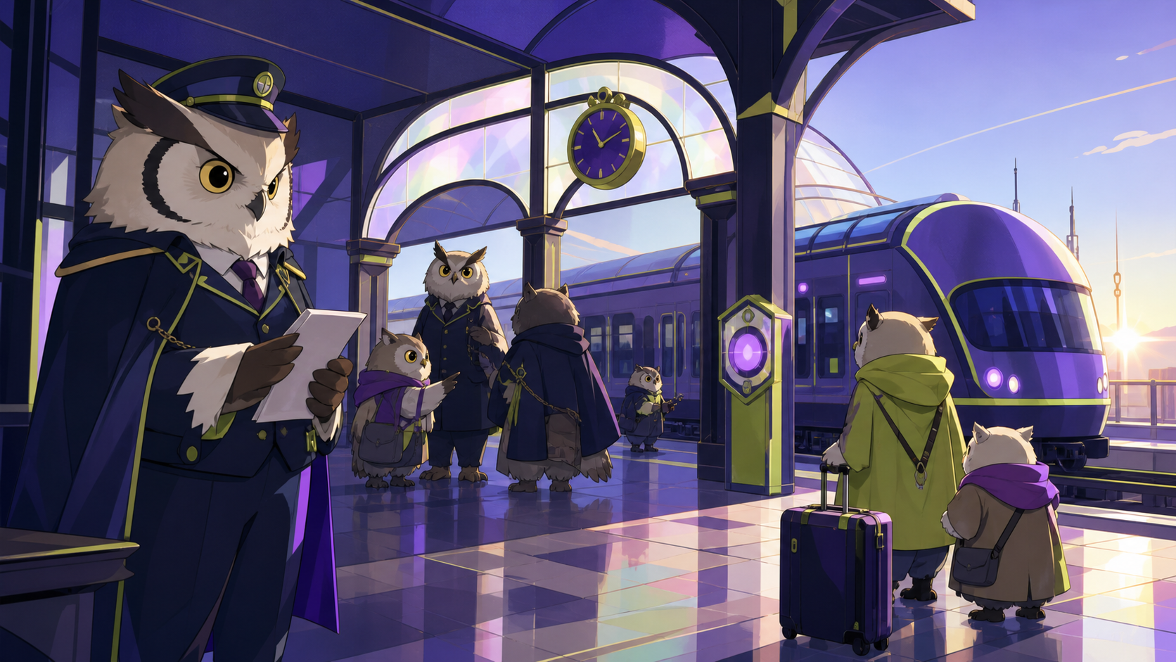 A railway station operated by solemn owl-like conductors, as a minor civic problem brings several personalities together. Street-level view immersed in the society's everyday architecture. Acid lime, ultraviolet, matte n