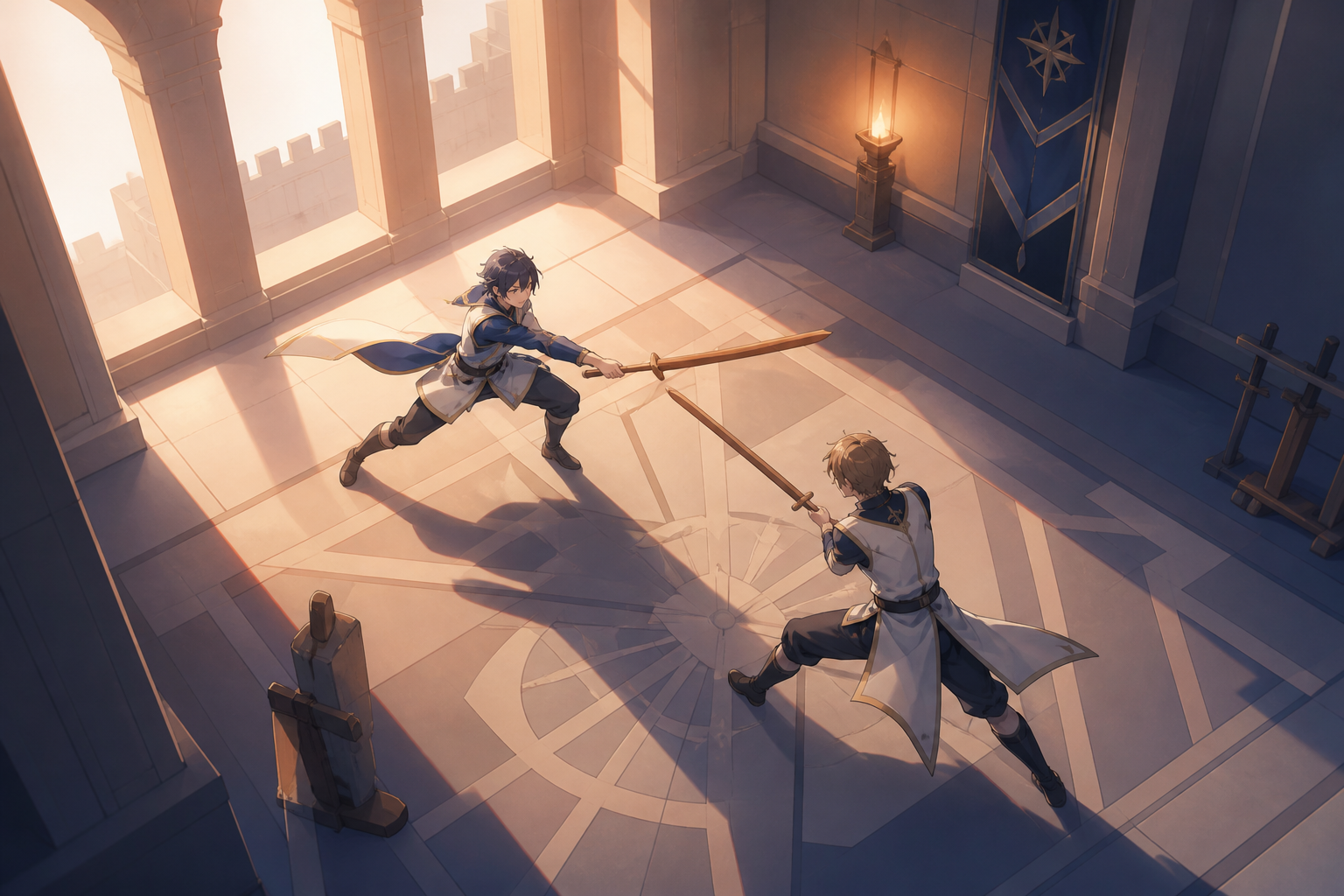 Two young royal guards practicing with wooden blades at dawn, at a tense non-gory turning point with both fighters fully readable. High-angle geometric composition built around crossing movement paths. Sun-bleached peach