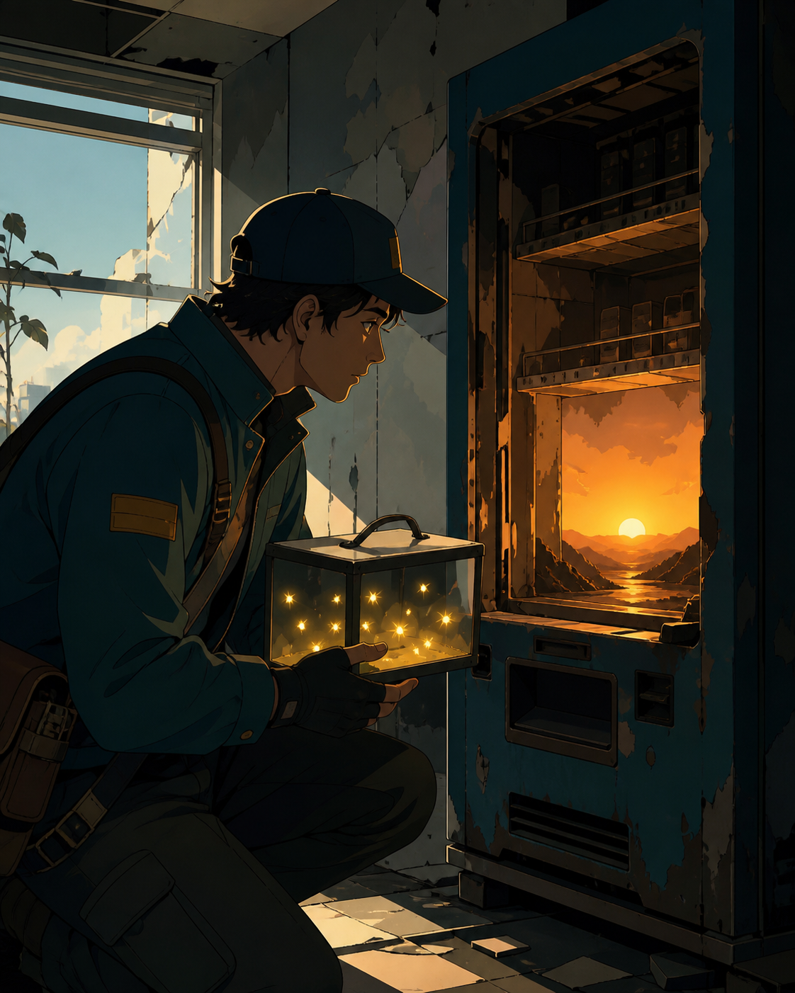An adult male courier carrying a glass case of captive fireflies, discovering a tiny sunrise glowing inside an abandoned vending machine. Intimate three-quarter view with strong foreground and background layers. Saffron,