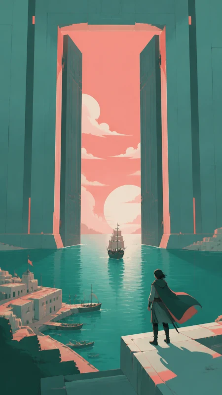 An ocean horizon interrupted by a doorway large enough for ships, with a single journey providing a visual path through the scene. Extreme wide view organized around one unforgetta