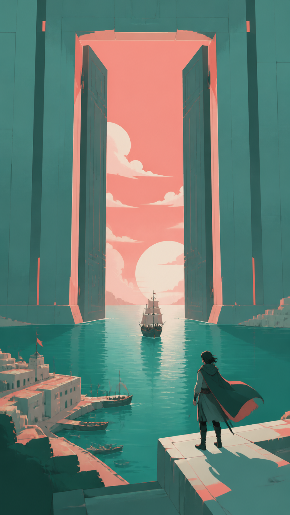 An ocean horizon interrupted by a doorway large enough for ships, with a single journey providing a visual path through the scene. Extreme wide view organized around one unforgettable silhouette. Celadon, coral pink, ink