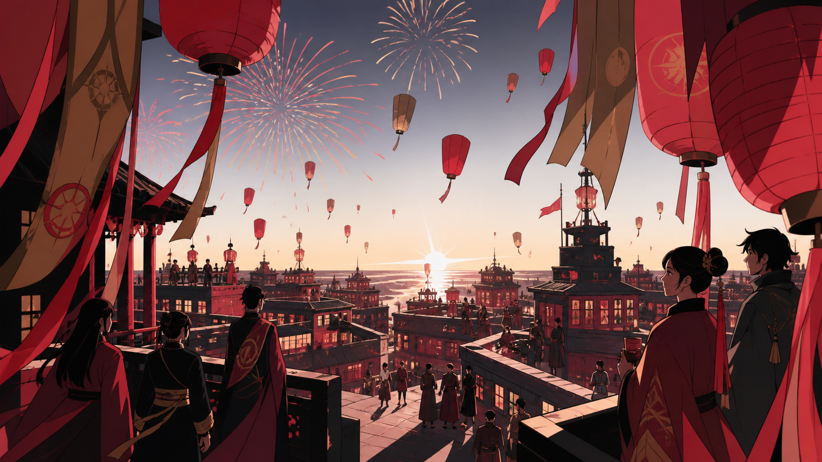 A rooftop fireworks celebration spanning dozens of connected buildings, during the final hour when decorations begin drifting into the sky. Layered festival tableau framed by decorations close to the viewer. Crimson, bla