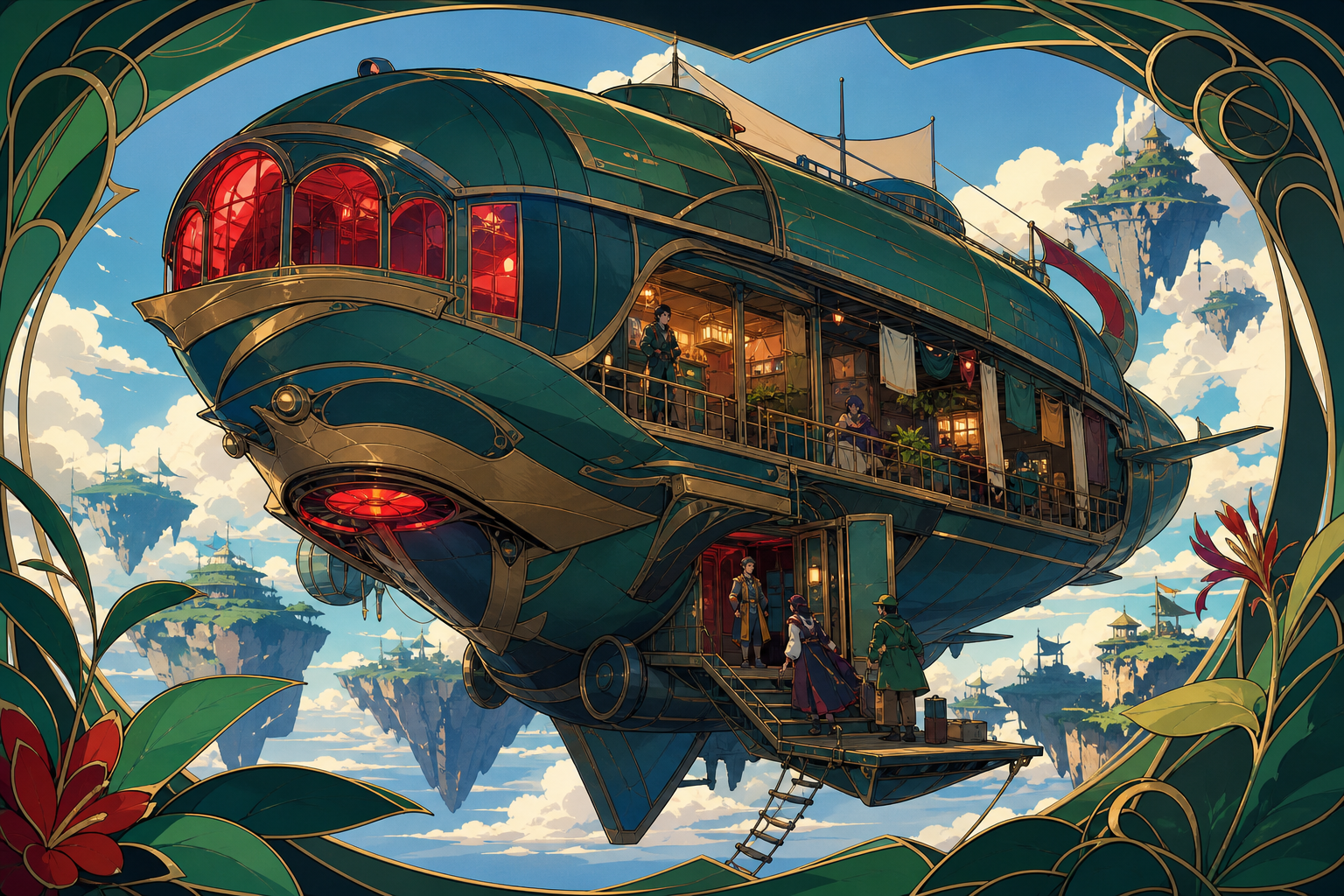 A weather-beaten airship ferry serving remote floating islands, mid-journey with passengers revealing how the vehicle is actually lived in. Grand three-quarter vehicle view embedded naturally in its route. Emerald, stain