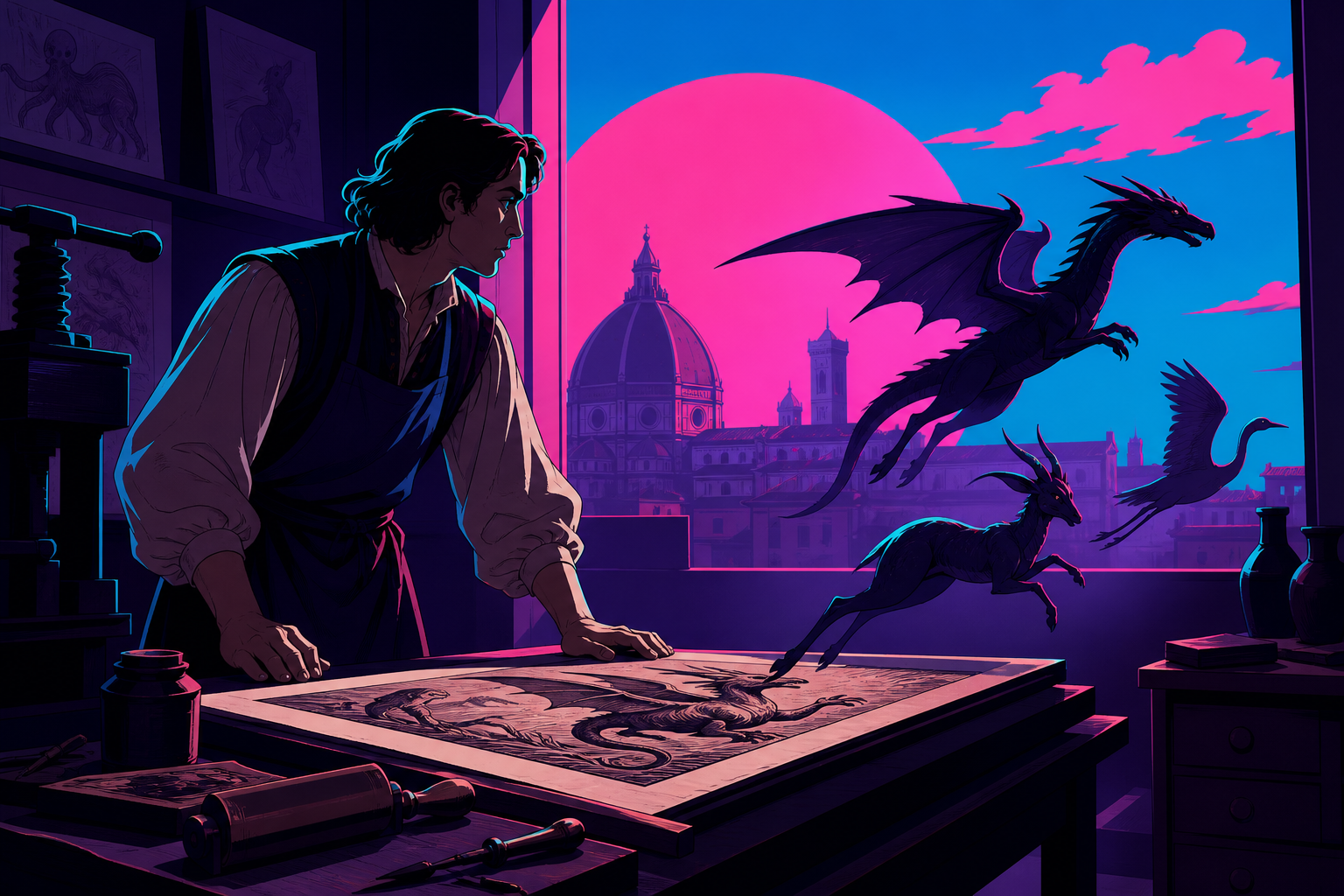 A Renaissance-era printmaker whose illustrated creatures leave the page at night, at dawn after a discovery quietly changes their understanding of the world. Painterly historical scene centered on work, place, and atmosp