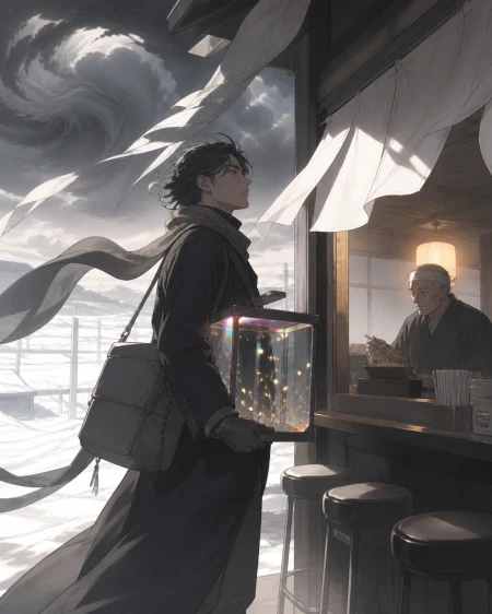 An adult male courier carrying a glass case of captive fireflies, waiting at the last open noodle stand before a supernatural storm. Cinematic medium-wide frame with the environmen
