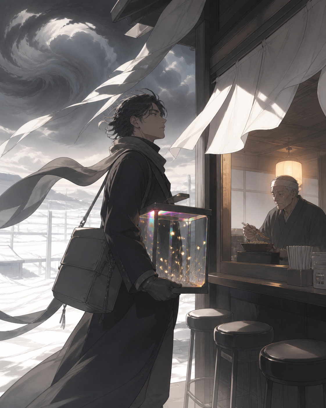 An adult male courier carrying a glass case of captive fireflies, waiting at the last open noodle stand before a supernatural storm. Cinematic medium-wide frame with the environment carrying half the story. Monochrome gr