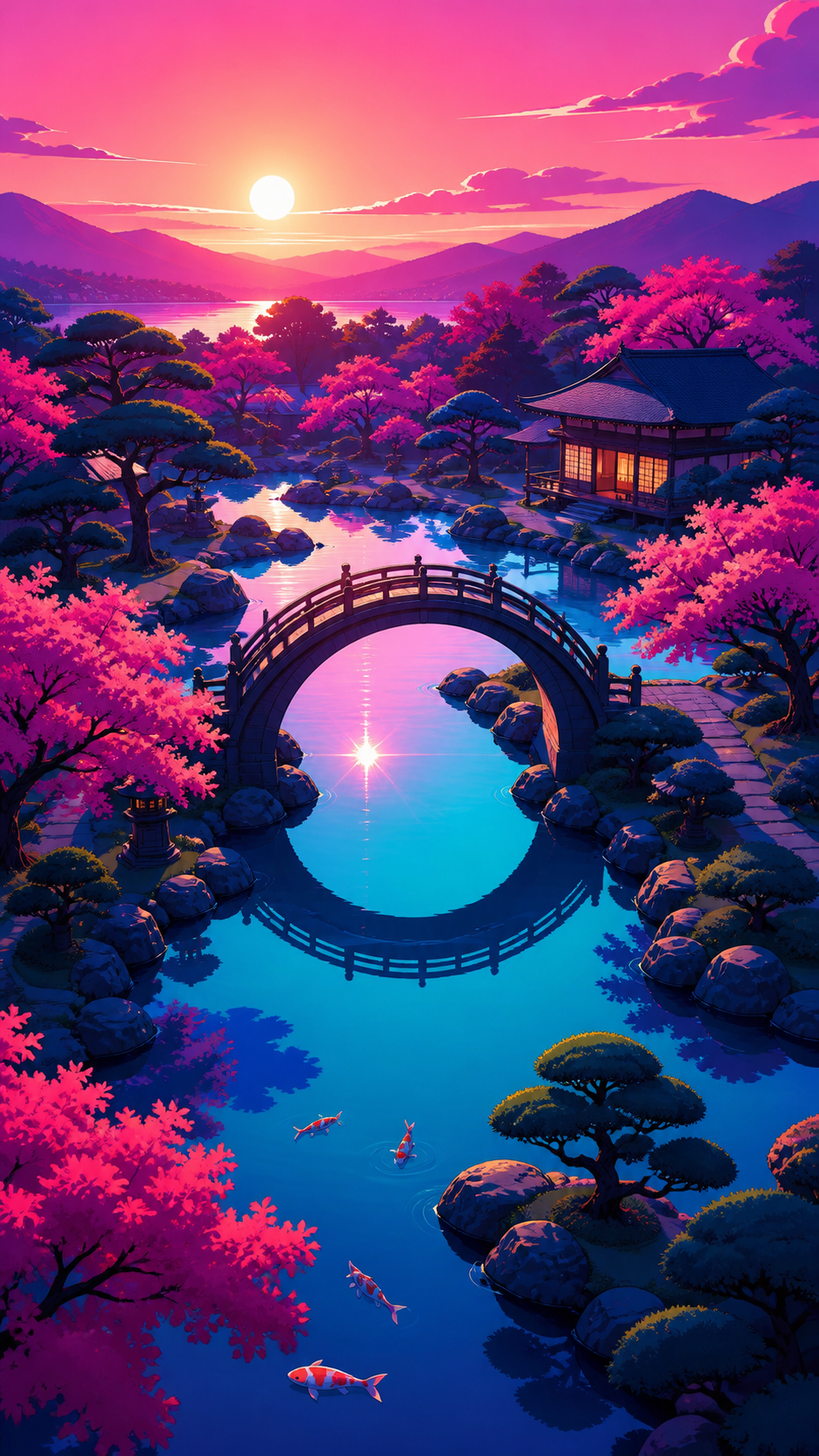 A Japanese strolling garden arranged around a moon-shaped bridge, at peak seasonal color represented through broad clean masses. Elevated composition revealing geometric planting and water structure. Saturated magenta, e