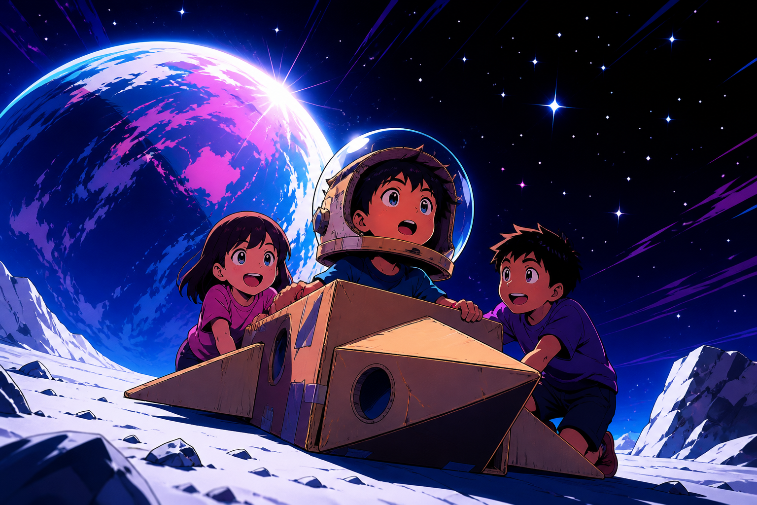 Friends turning cardboard boxes into a convincing moon expedition, at the instant make-believe and reality overlap without danger. Child-height viewpoint making the discovery feel monumental. Saturated magenta, electric 