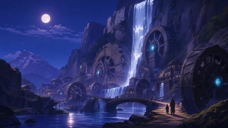 A mountain village built around waterwheels of many sizes, as moving water creates one clean visual path through the landscape. Epic wide landscape with the waterfall forming a str