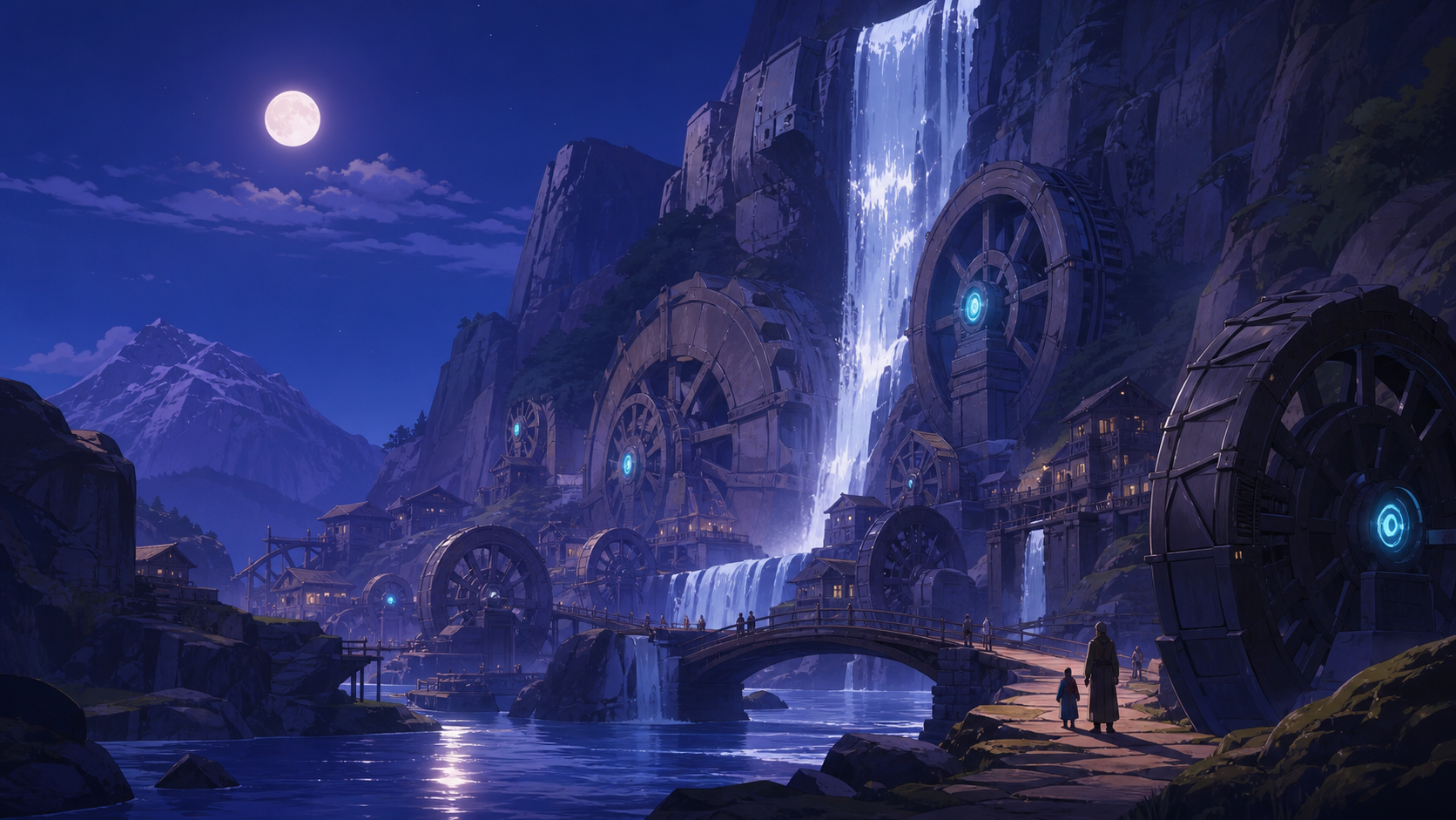 A mountain village built around waterwheels of many sizes, as moving water creates one clean visual path through the landscape. Epic wide landscape with the waterfall forming a strong vertical anchor. Mulberry, tea brown