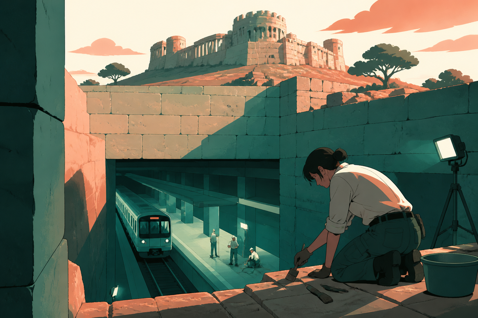 An adult archaeologist uncovering a subway platform beneath an ancient hill fort, during patient fieldwork rather than treasure-hunting spectacle. Vertical chamber composition with people placed clearly for scale. Celado