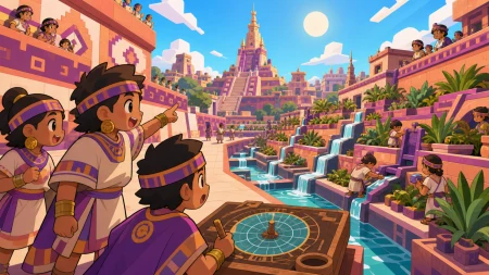 Engineers redirecting water through an immense terraced garden, when a precise ancient system reveals an impossible prediction. Low ball-court view following athletes toward the ce