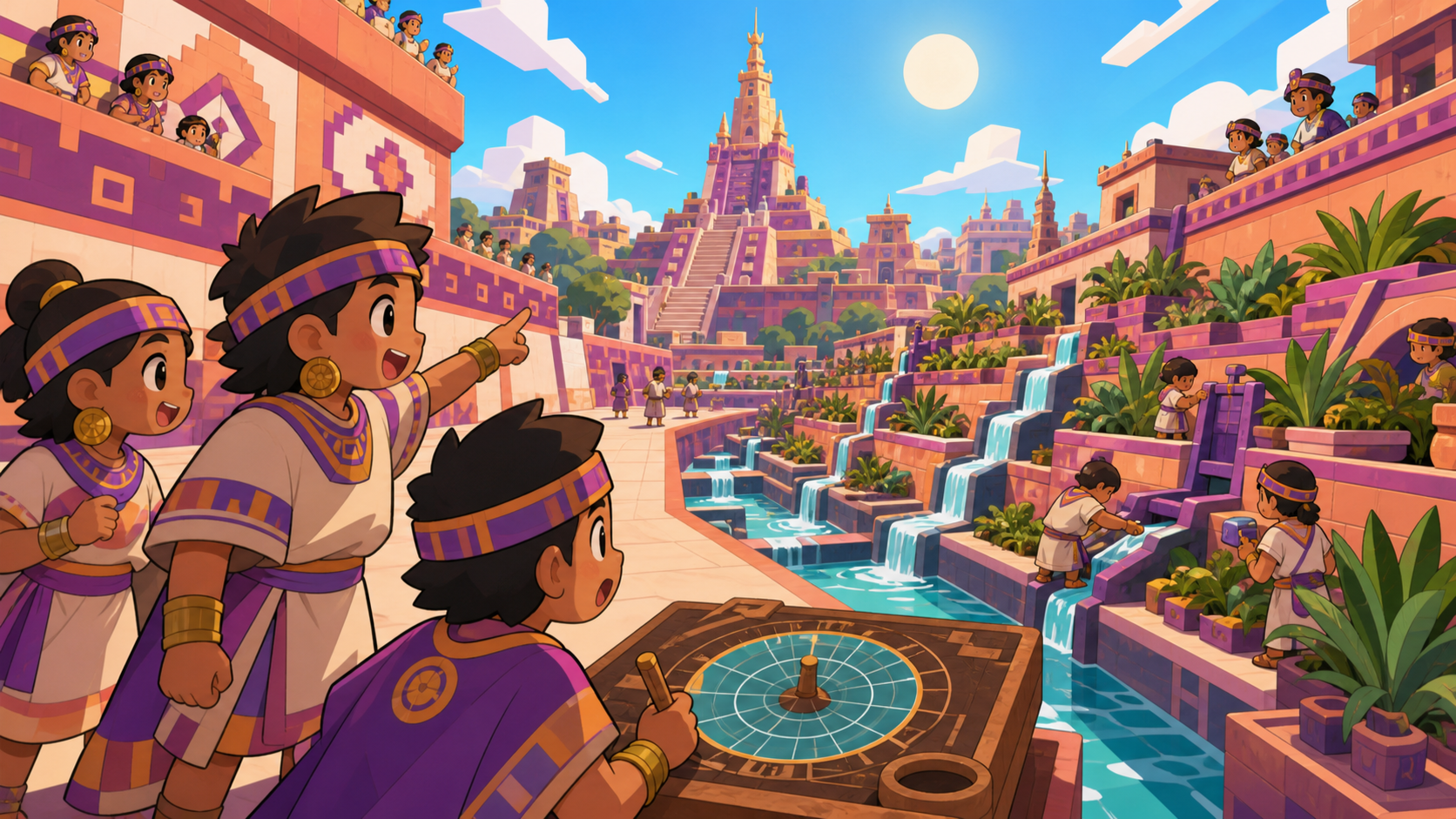 Engineers redirecting water through an immense terraced garden, when a precise ancient system reveals an impossible prediction. Low ball-court view following athletes toward the ceremonial center. Apricot, orchid purple,