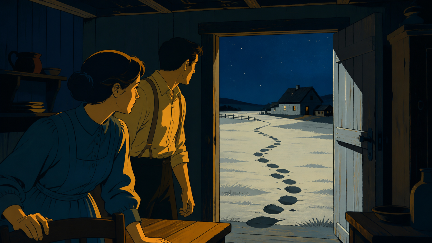 A childless couple discovering footprints circling their farmhouse every morning, when the community knows the rules but refuses to explain them. Claustrophobic inn interior with the unseen visitor implied at the door. S