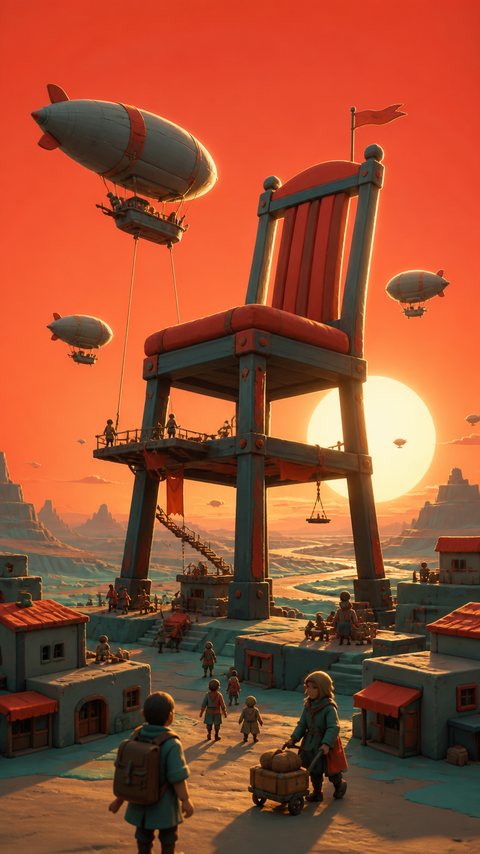 An enormous empty chair serving as a rest station for migrating airships, shown through ordinary life continuing around the impossible landmark. Extreme wide view organized around one unforgettable silhouette. Vermillion