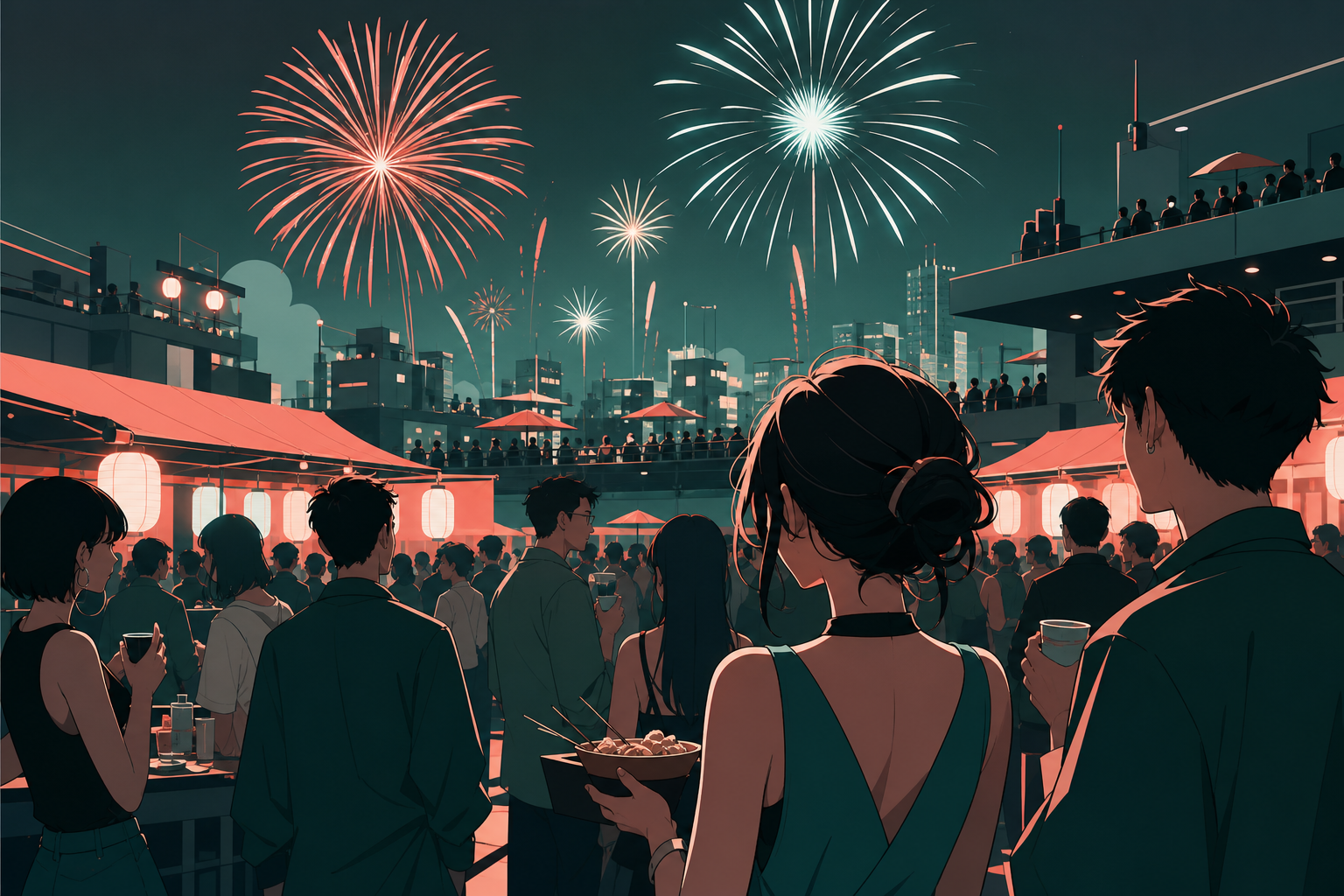 A rooftop fireworks celebration spanning dozens of connected buildings, from an unusual vantage point within the crowd rather than above it. Immersive crowd-level panorama with clear focal lighting. Sea-glass green, fade