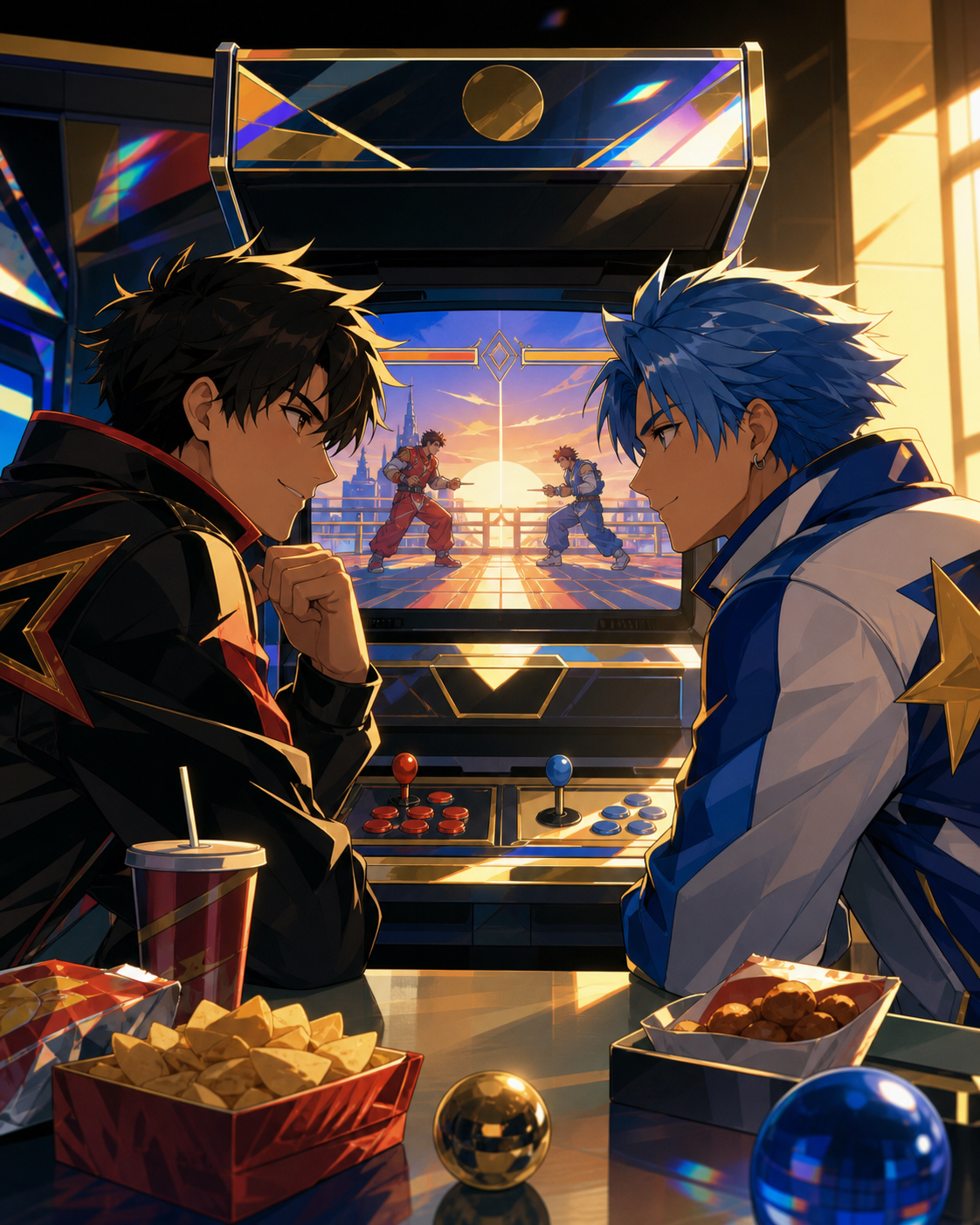 Two rival arcade champions meeting for a friendly rematch after many years, during a competitive but affectionate turning point. Table-level ensemble frame with faces and game equally readable. Pine black, snow blue, ced