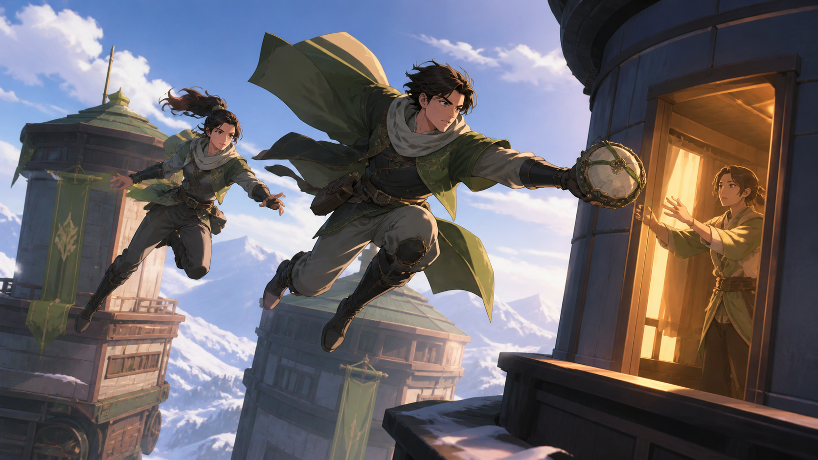Two adult spell couriers leaping between moving towers to deliver a sealed remedy, with the objective readable immediately and no gore. Wide action frame with a single unmistakable movement direction. Moss green, slate g