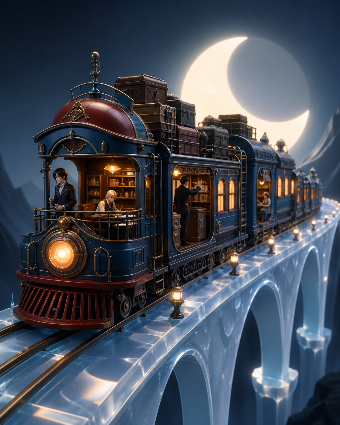 An ornate night train crossing a bridge made from frozen moonlight, mid-journey with passengers revealing how the vehicle is actually lived in. Grand three-quarter vehicle view embedded naturally in its route. Petrol blu