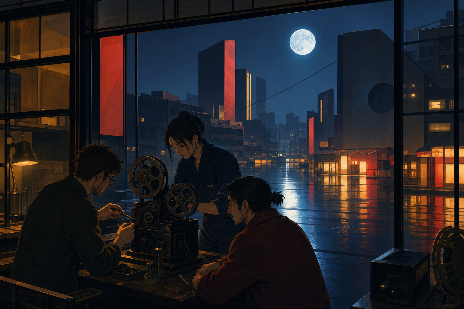 Three adult friends repairing an old rooftop cinema projector, just after rain leaves every street reflecting a different color. Cinematic wide shot composed through windows, signs without readable text, and reflections.