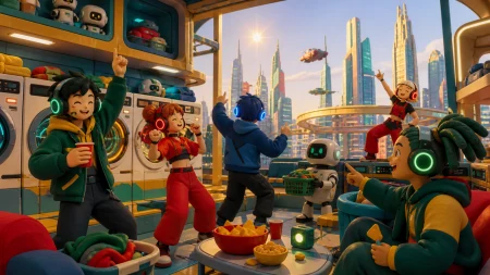 Friends attending a silent disco inside an automated laundromat, during relaxed everyday fun in a high-tech city. Wide social scene balancing the activity with the futuristic skyli