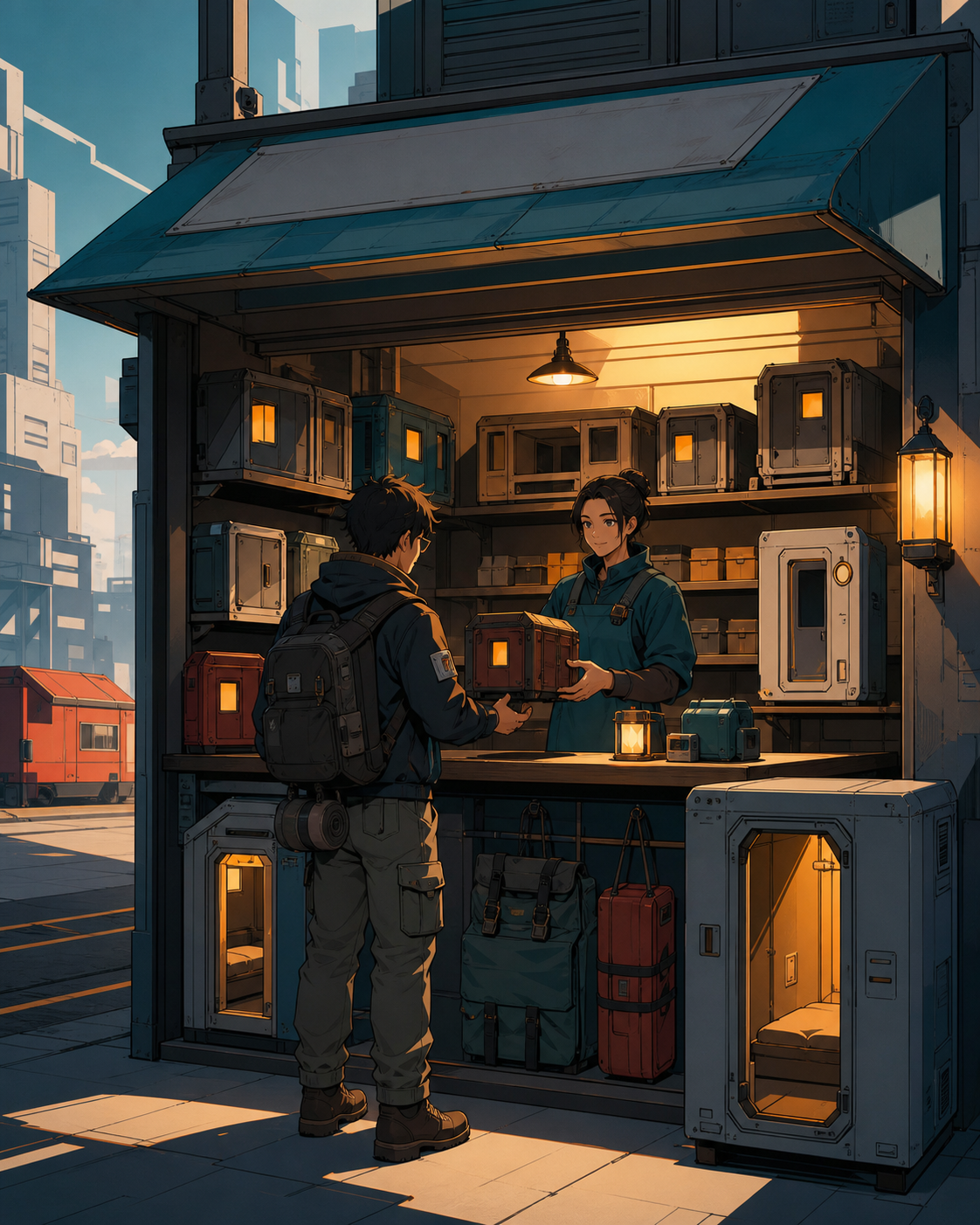 A tiny store renting portable rooms to travelers, shown as a warm neighborhood business rather than a grand magical institution. Inviting storefront-wide scene centered on one customer exchange. Petrol blue, oxide red, i