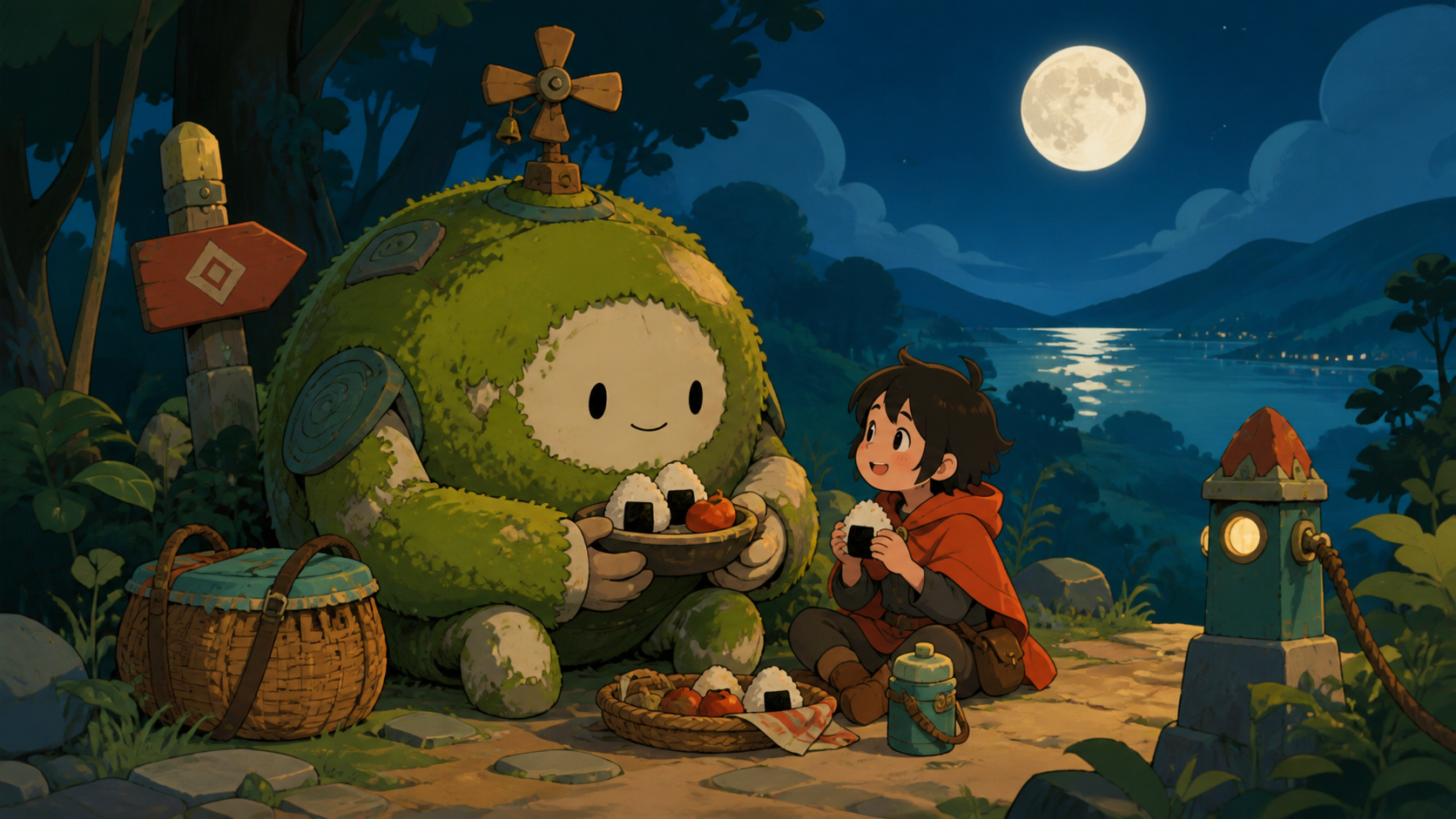 A child sharing lunch with a round moss guardian beside a path, after a misunderstanding turns into a new friendship. Eye-level storybook frame centered on the unlikely friendship. Vermillion, charcoal, warm ivory, and w