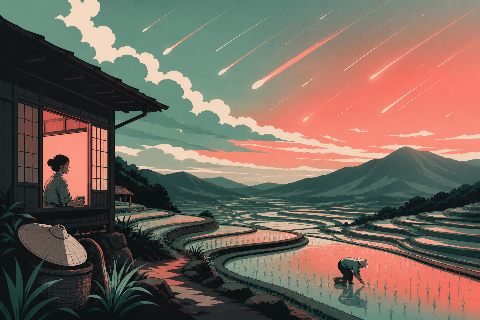 Terraced rice fields reflecting a meteor shower during planting season, at the transition between two kinds of weather. Tranquil landscape panorama with a strong foreground-to-distance rhythm. Celadon, coral pink, ink bl
