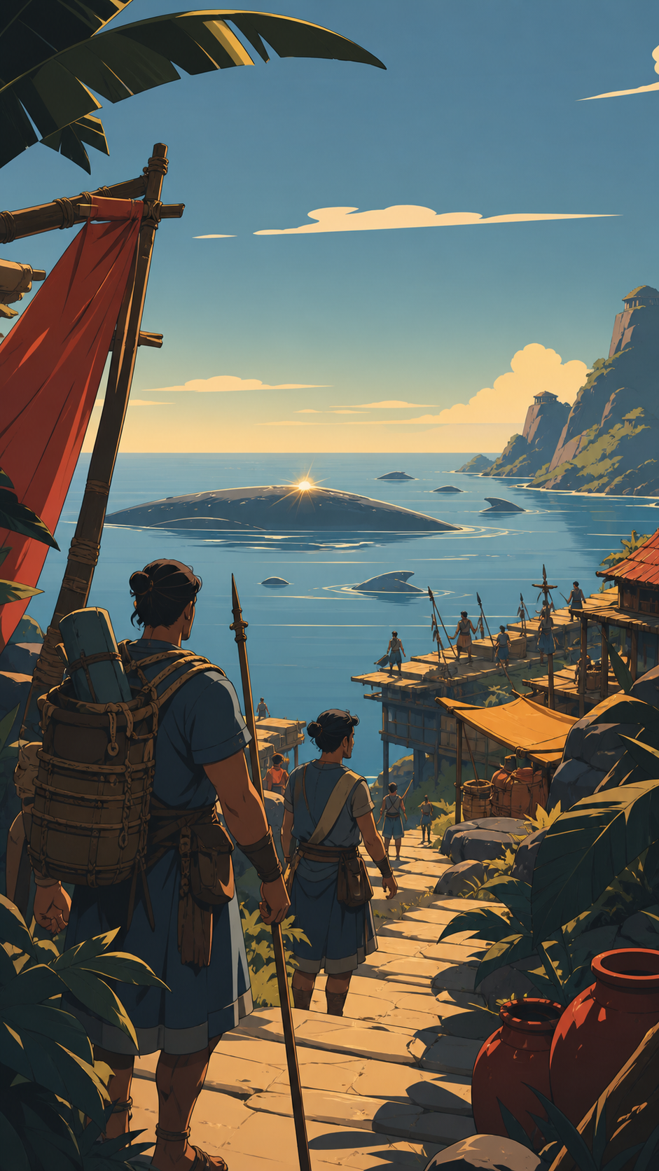 A coastal village preparing for the annual arrival of gentle sea giants, at the first view of a destination reached after a long journey. Wide travel vista with a clear route from foreground to destination. Clay red, sag
