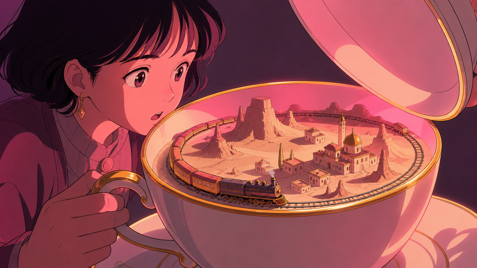 A complete desert railway traveling around the rim of a teacup, as one person discovers the object's impossible interior. Split-scale composition balancing a human figure and inner civilization. Muted rose, parchment, mu