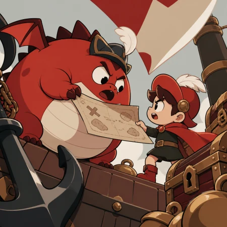 A round dragon and child hero arguing over a treasure map, during a harmless crisis treated with complete dramatic seriousness. Low heroic angle that humorously exaggerates the tin