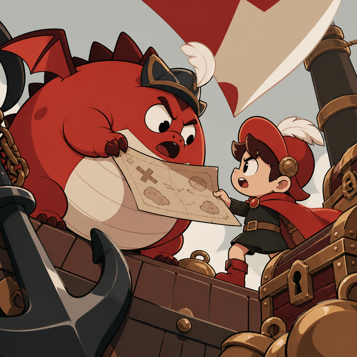 A round dragon and child hero arguing over a treasure map, during a harmless crisis treated with complete dramatic seriousness. Low heroic angle that humorously exaggerates the tiny characters. Crimson, black cherry, mut