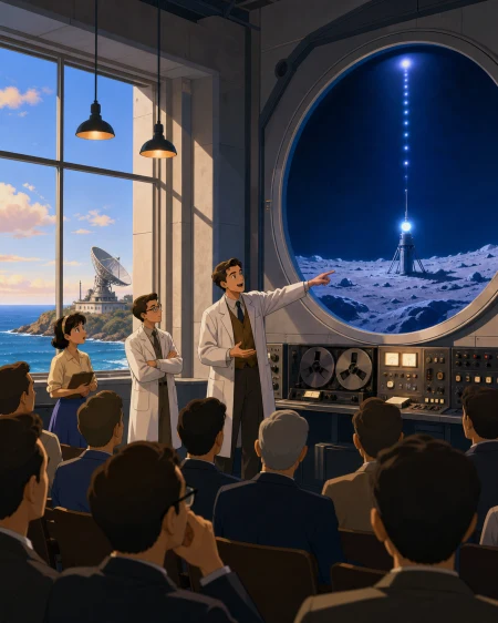 A 1960s coastal research office receiving the first message from beneath the moon, with the alternate technology integrated naturally into its era. Formal demonstration frame with 