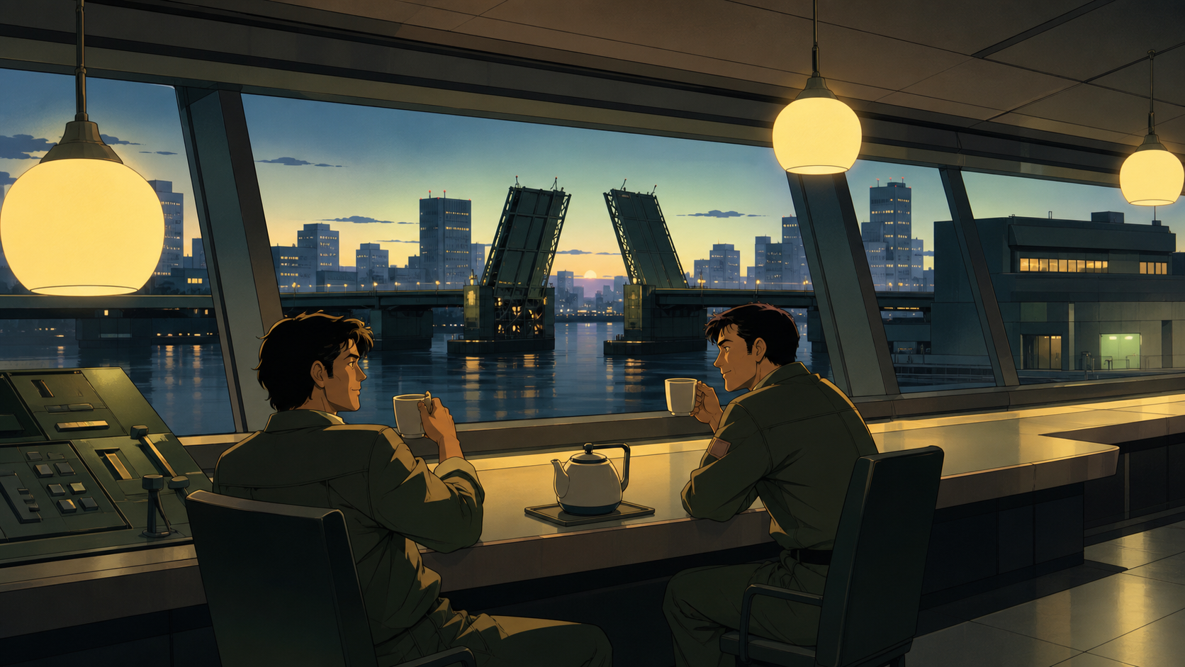 Two bridge operators sharing tea while a sleeping city crosses the river, at the first hint of morning after a long uneventful shift. Intimate counter-side composition surrounded by empty architecture. Moss green, slate 