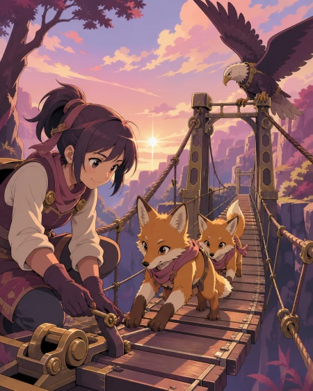 Young foxes learning to cross a suspended forest bridge, as humans and animals solve a practical problem together. Balanced human-and-animal two-shot with shared task visible. Mute