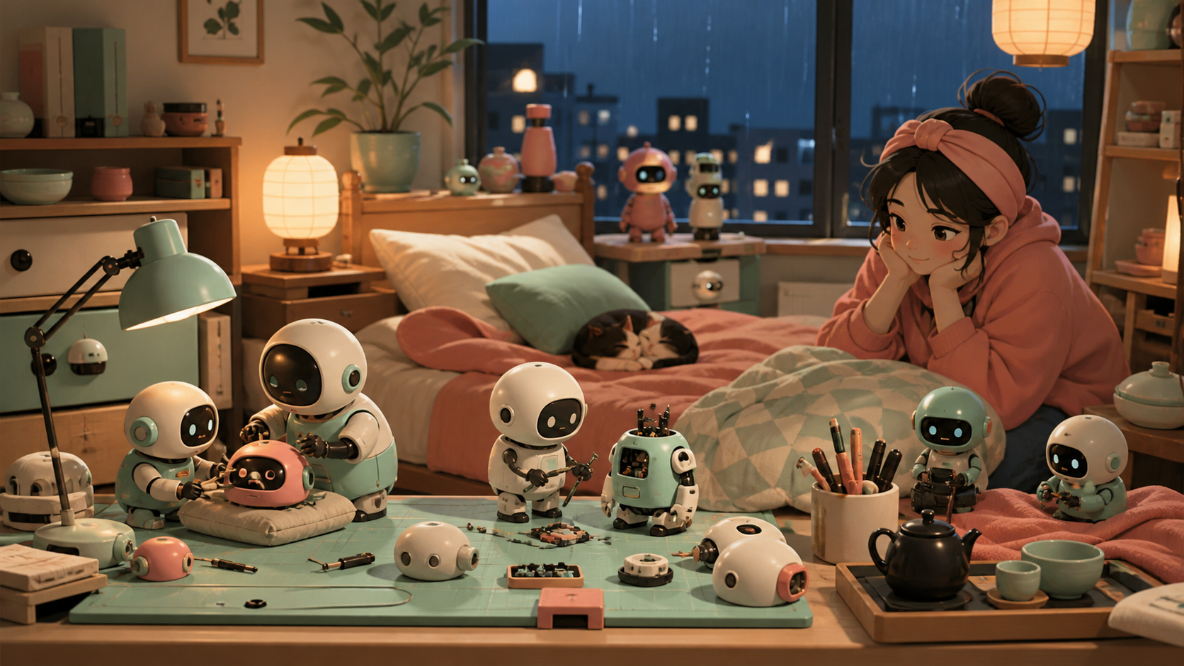 A cluttered bedroom workshop where miniature robots repair one another, during a rainy evening with every warm light switched on. Inviting room-wide composition with several discoverable details. Celadon, coral pink, ink