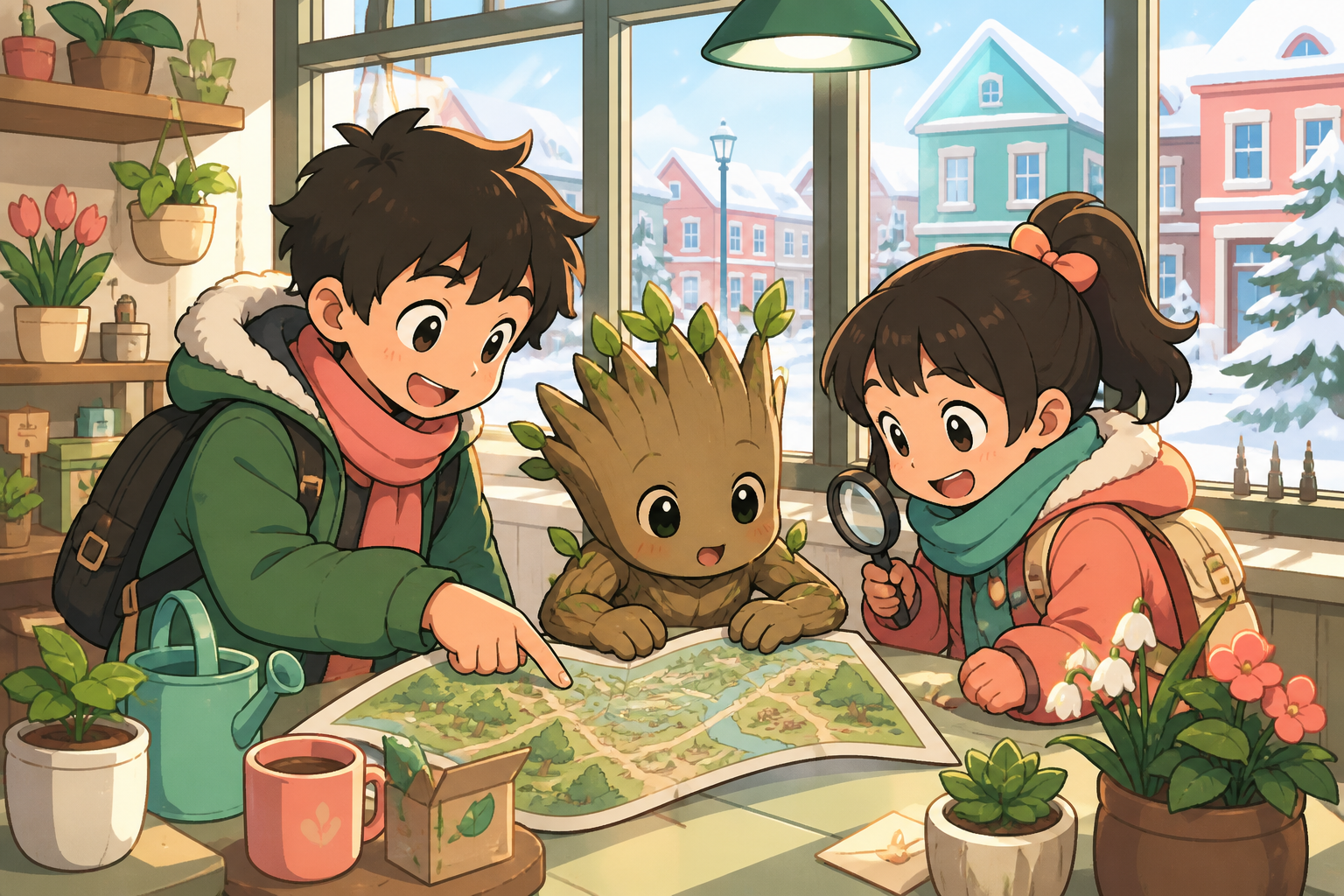 Siblings helping a baby tree giant find its family, during a warm ordinary interaction rather than a dramatic quest. Eye-level storybook frame centered on the unlikely friendship. Celadon, coral pink, ink black, and rice