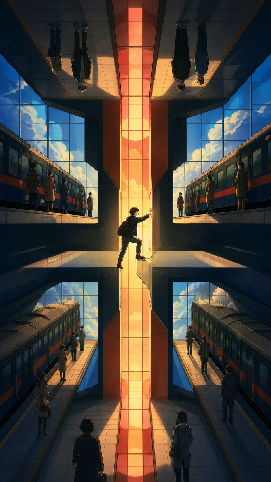 Commuters waiting on platforms arranged across opposing gravity fields, as one character discovers a shortcut between two orientations. Carefully centered architectural view exposing the complete paradox. Pine black, sno