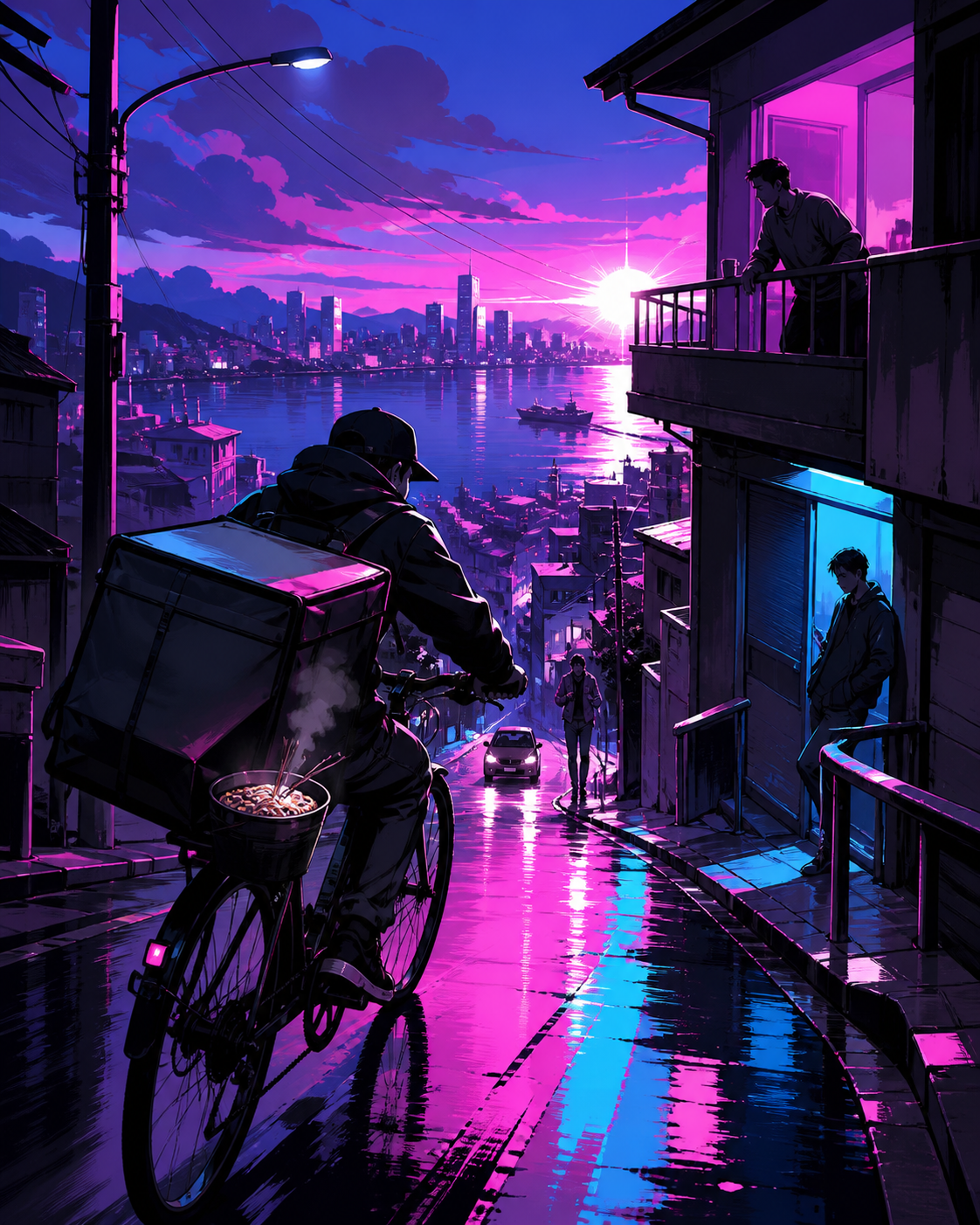 A bicycle courier delivering hot noodles through a steep hillside city, just after rain leaves every street reflecting a different color. Observational street-level frame with foreground movement and a clear focal story.