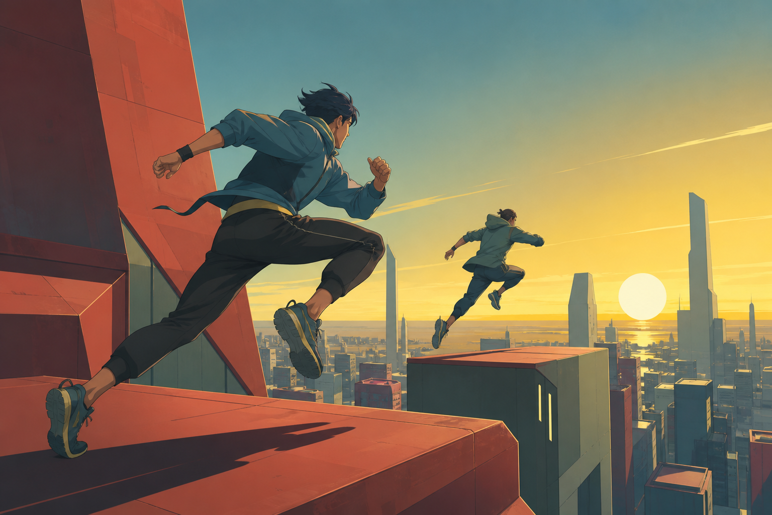 Adult rooftop runners racing across a dense sunset city, frozen at the instant of greatest balance and momentum. Bold diagonal action composition with ample space ahead of the movement. Clay red, sage, faded denim, and s