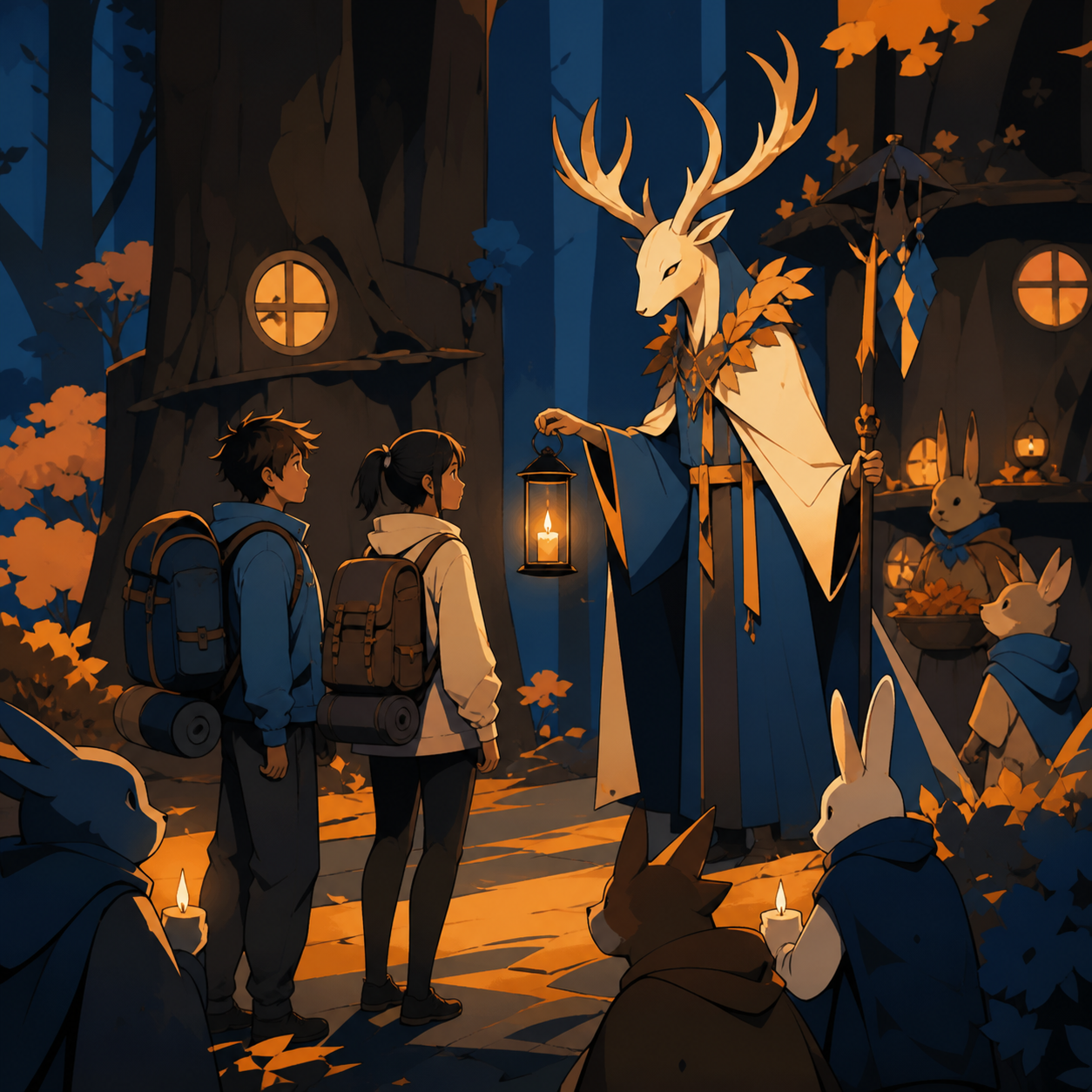 Teen hikers guided home by a polite antlered forest spirit, as the forest community prepares for a seasonal change. Eye-level storybook frame centered on the unlikely friendship. Saffron, peacock blue, dark umber, and ch